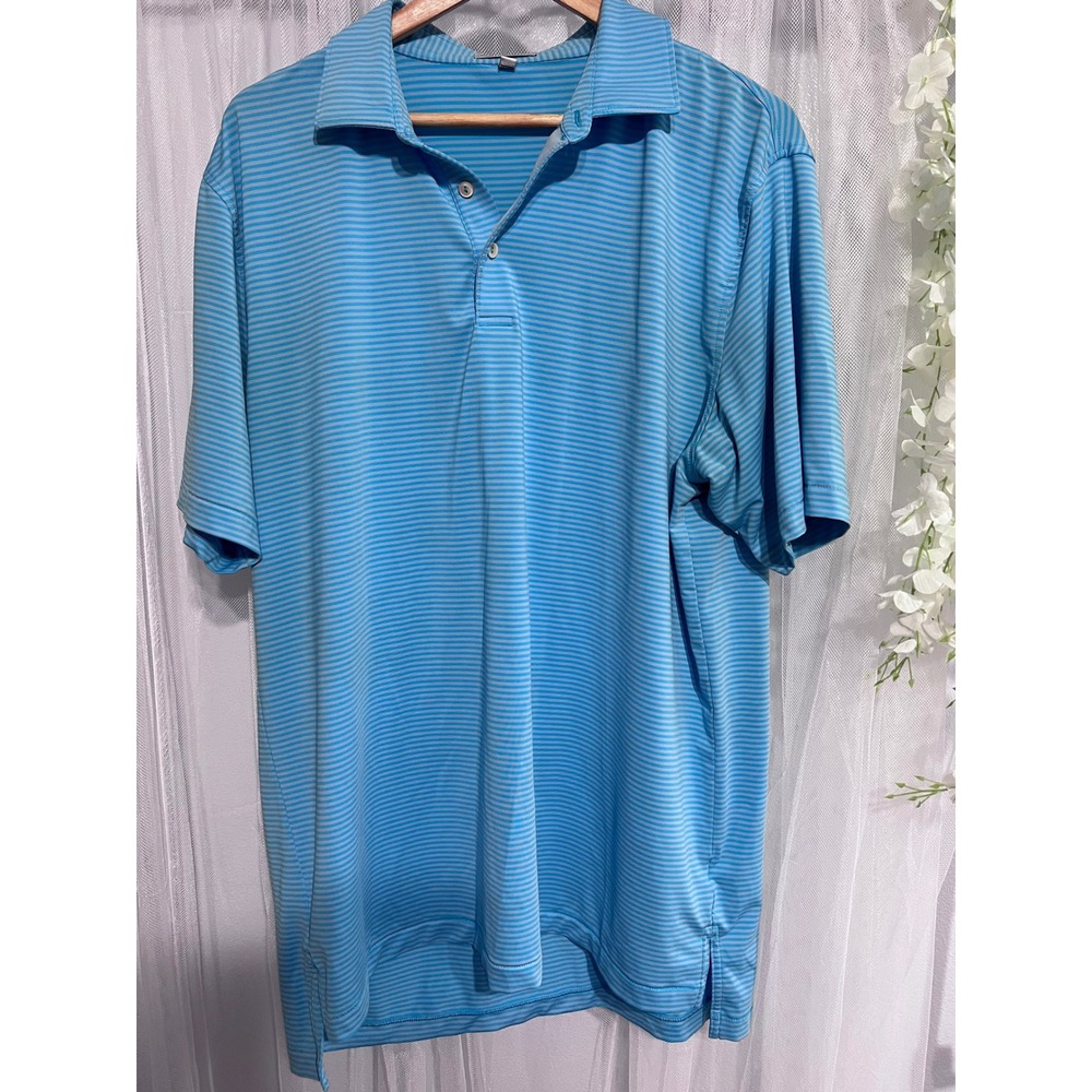 Peter Millar Summer Comfort Mens Large Blue Striped Performance Golf Polo Shirt